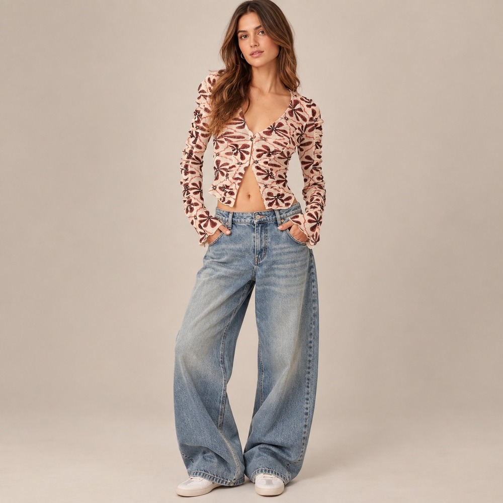 Free People Through The Meadow Top Womens Large Ivory NWT Floral Ruched Mesh